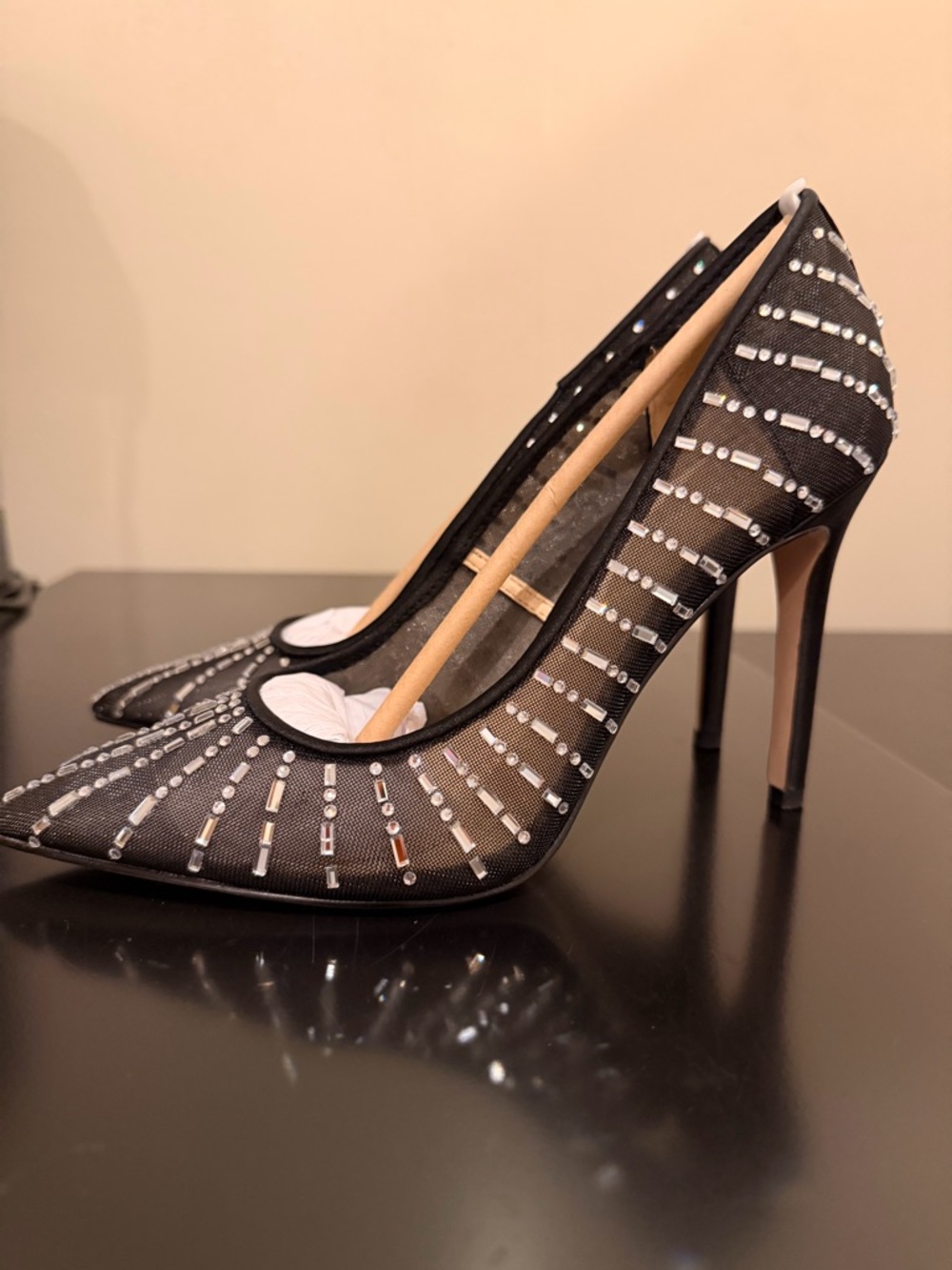 NWT Jessica Simpson Black Sheer Mesh Pointed-Toe Crystal Stilettos